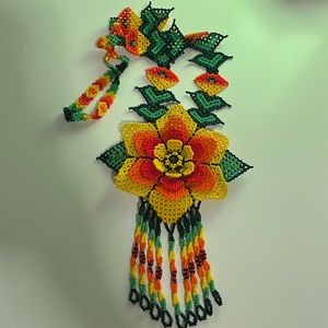 Hand beaded huichol necklace : large flower shape